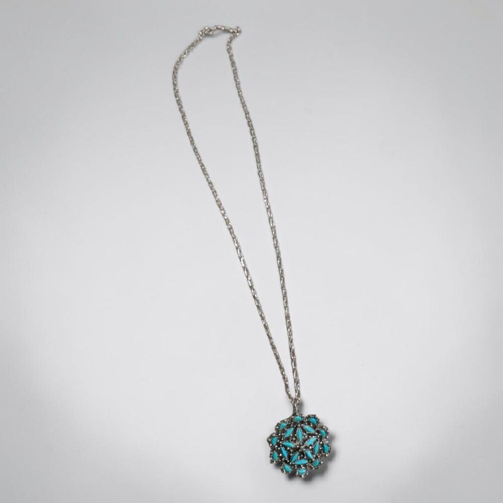 Vintage Turquoise Floral Pendant Necklace, Silver Tone Southwestern Medallion - Picture 3 of 4